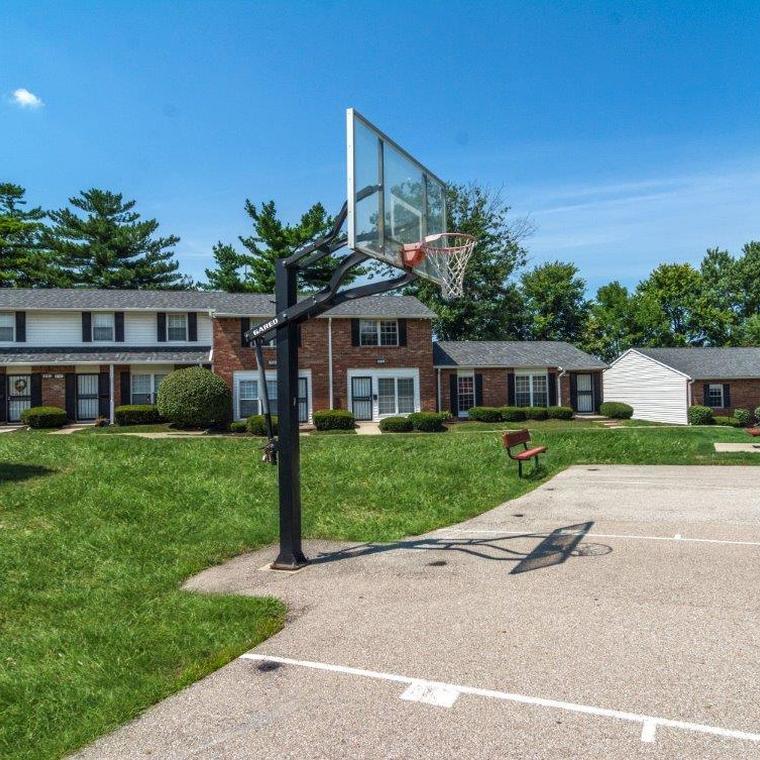 basket ball hoop and red bend with surrounding green grass